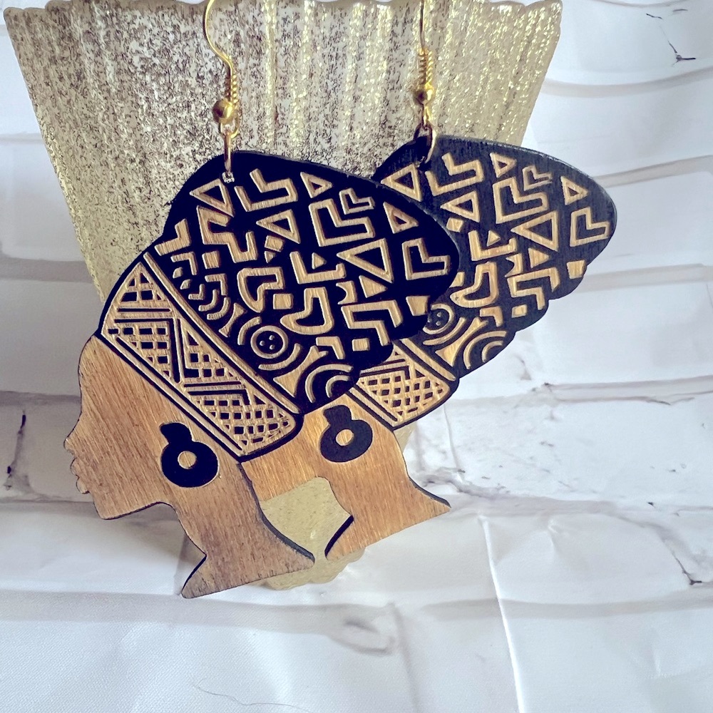 Ethnic chic boho head wrapped decor hand crafted  carved wood black earrings